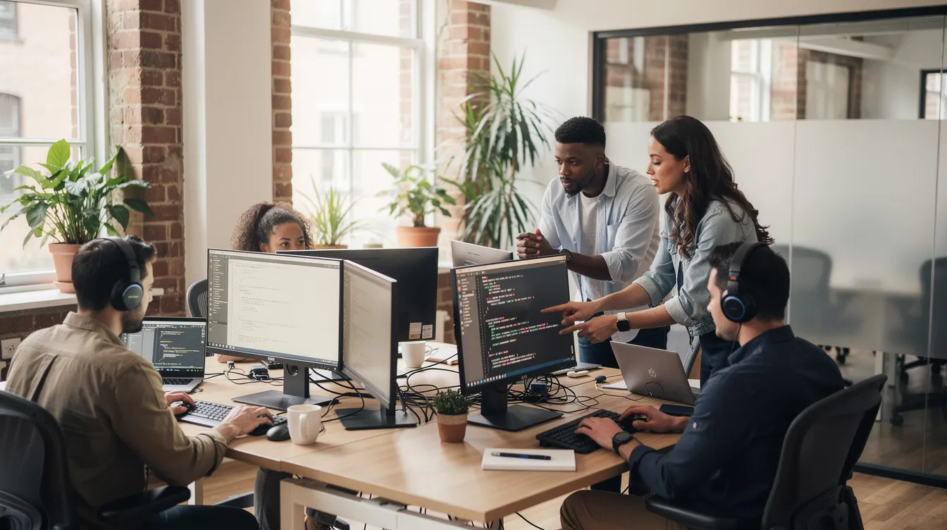 The image depicts a diverse team of developers collaborating in a modern tech startup, focused on their computers in a vibrant workspace. They are engaged in discussions about data security and privacy compliance, reflecting the dynamic nature of the tech industry and its emphasis on data protection and cybersecurity.