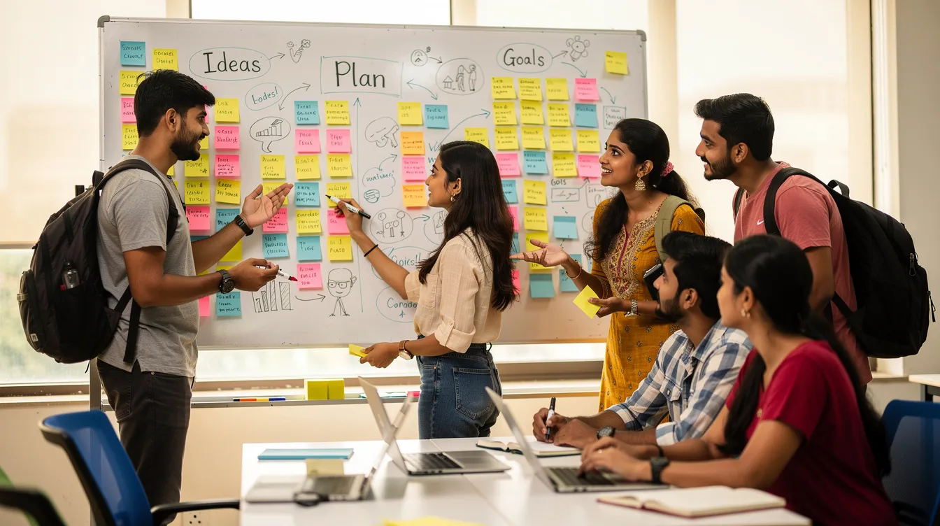 1de72441 d9f3 42a1 ac8d ba4b755e4c7e A diverse group of Indian college students is gathered around a whiteboard filled with colorful sticky notes, brainstorming various low investment business ideas and startup concepts. They are actively discussing practical skills and strategies for local businesses, such as social media management and online tutoring services, while balancing their academic responsibilities.