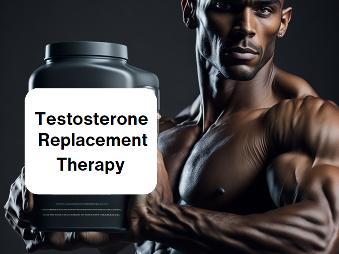 A man holding a bottle of testosterone booster supplements, with text "Testosterone Replacement Therapy"