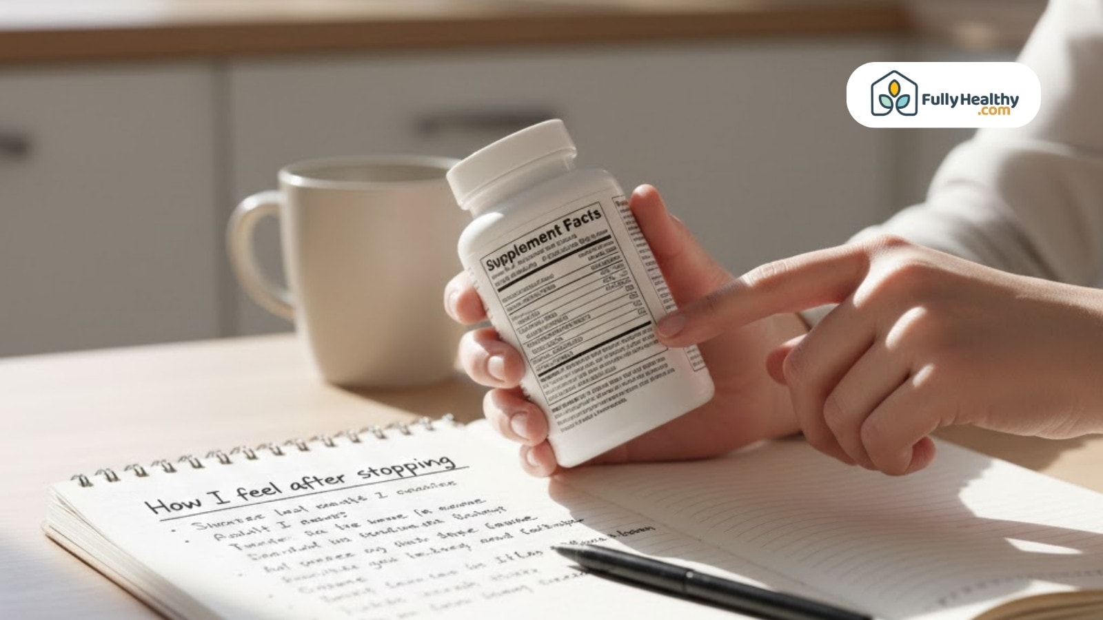 Person reviewing supplement facts label beside notebook and coffee