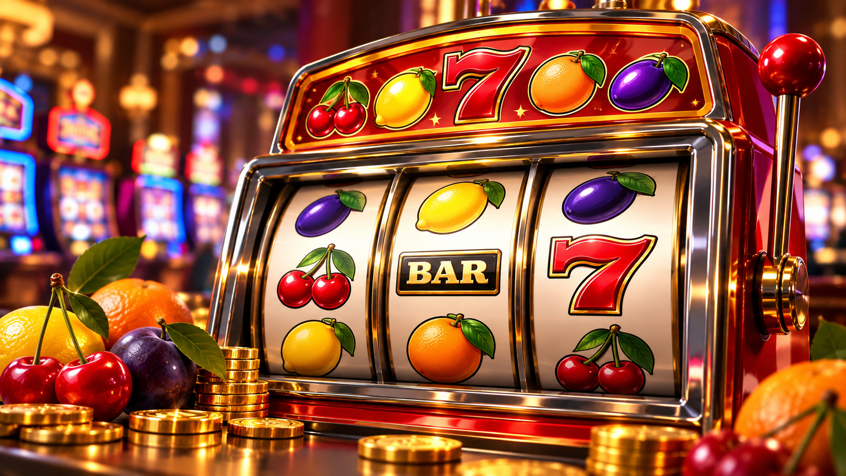 Klassieke fruitautomaat met drie rollen, fruitsymbolen, BAR en rode zeven.