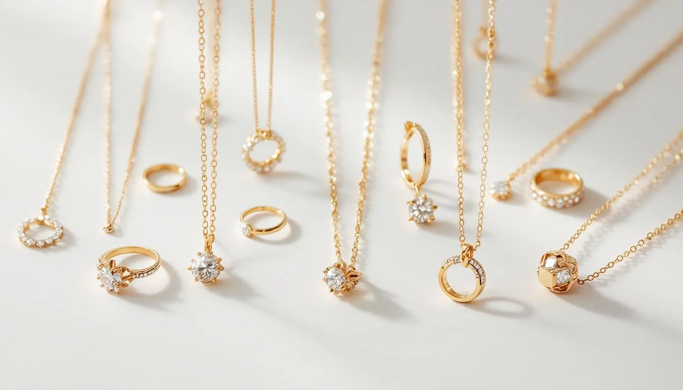 This image showcases a diverse collection of handmade gold-plated jewellery, featuring elegant pieces such as hoop earrings, pendant necklaces, and stacking rings. The assortment highlights both classic and contemporary designs, perfect for elevating any everyday look with a touch of luxury.