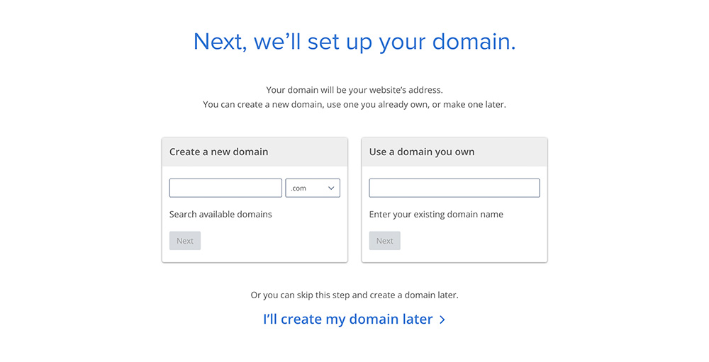 Screenshot from the Bluehost website showing the domain setup screen where you will set up your domain. 