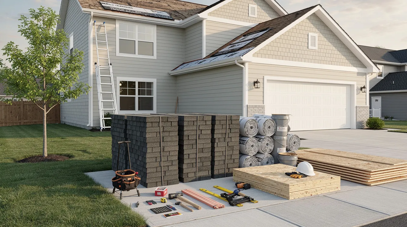 The image shows a variety of roofing materials such as asphalt shingles and metal roofs, along with tools neatly arranged beside a suburban home, ready for a roof installation project. This setup highlights the preparation for a full roof replacement, emphasizing the importance of quality and craftsmanship in residential roofing services.