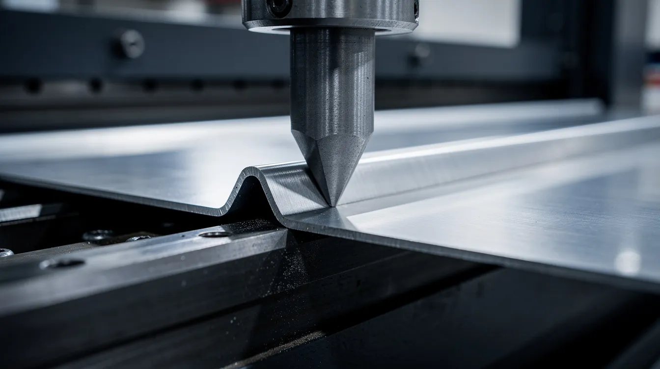 A close-up photo captures a CNC press brake punch as it descends into a V-die, ready to form a sheet metal part through the bending process. The image highlights the precision of the machinery and the intricate details of the sheet metal, emphasizing the importance of factors like bend angle and material thickness in achieving the desired shape.