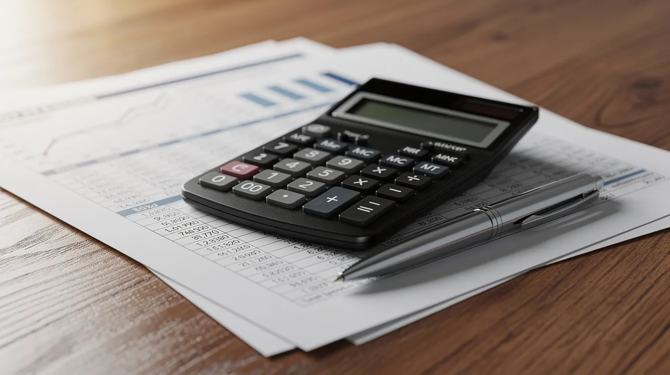 The image features a calculator resting on top of financial documents, with a pen placed beside them, all situated on a wooden desk. This setup suggests a focus on financial planning, possibly related to business loans or the application process for micro finance institutions under the mudra scheme.