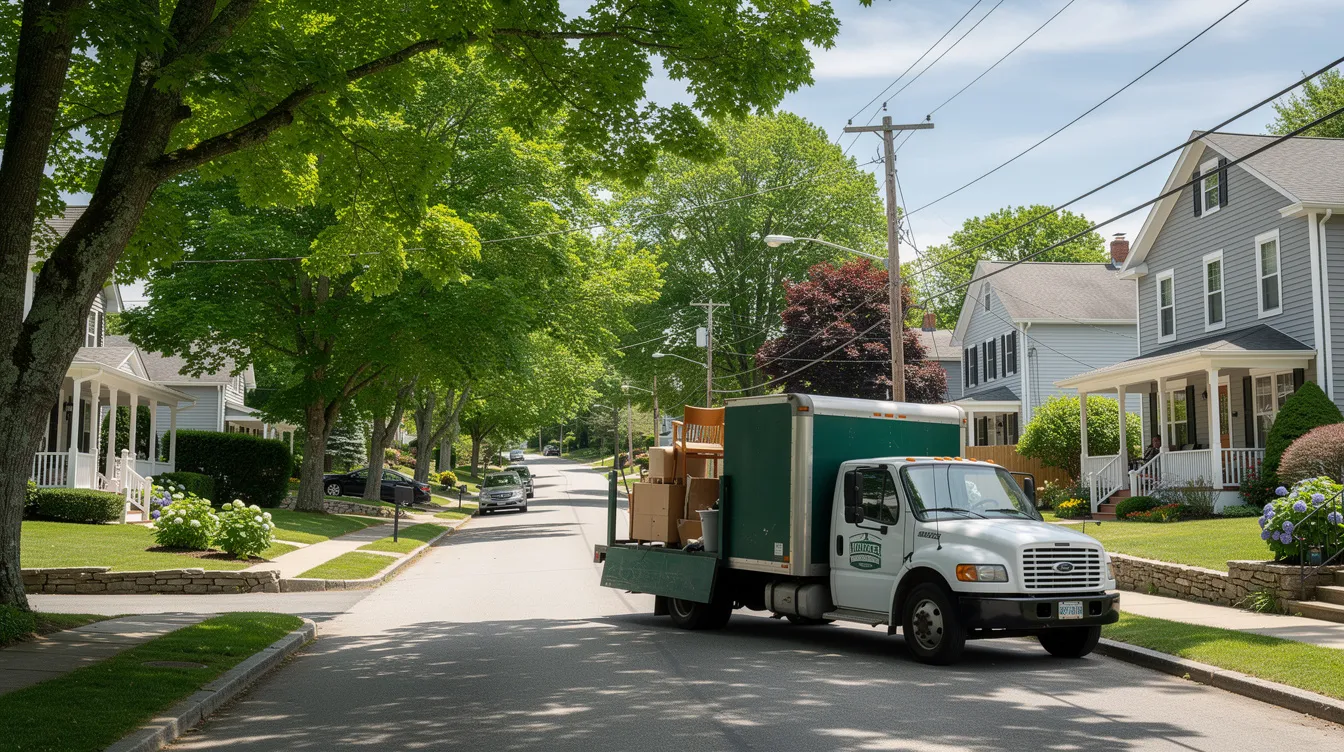 A junk removal truck is parked along a tree-lined residential street in a Connecticut neighborhood, ready to collect old mattresses and box springs for disposal or recycling. This service helps residents safely rid their homes of unwanted furniture while promoting mattress recycling programs to protect the environment.