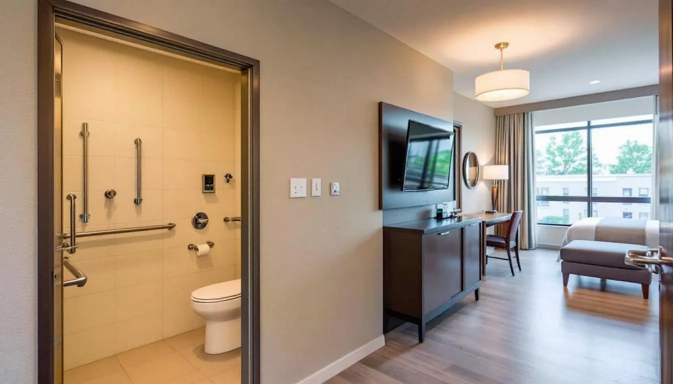 An accessible hotel room is shown, featuring a spacious layout with wider doorways for wheelchair access and a wheelchair-friendly bathroom equipped with grab bars and a roll-in shower. This room type ensures comfort and convenience for guests with mobility challenges.