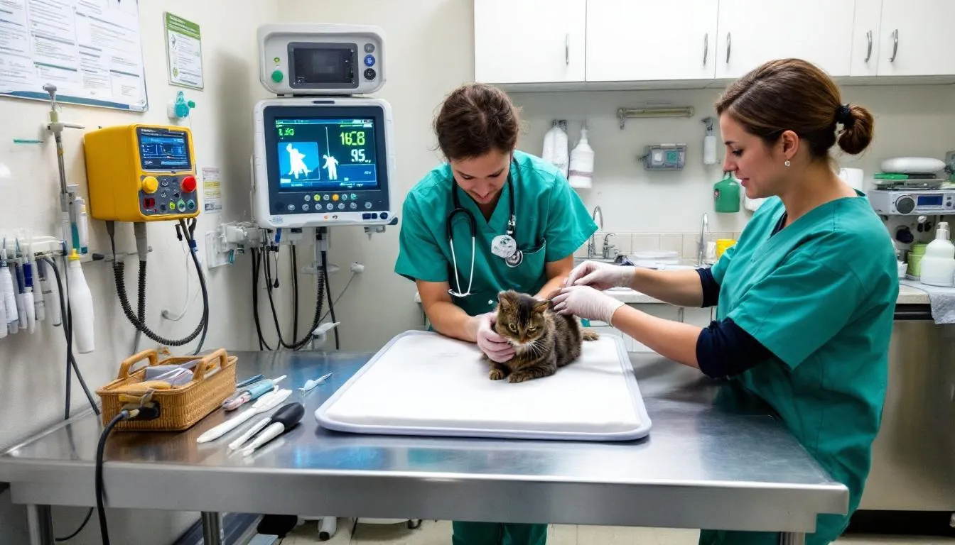 The image depicts an emergency veterinary care setup, featuring various medical equipment and supplies necessary for diagnosing and treating conditions like mastitis in dogs, including swollen mammary glands and severe infections. The environment suggests a focus on providing urgent care for female dogs, particularly those affected by bacterial infections or complications related to nursing puppies.