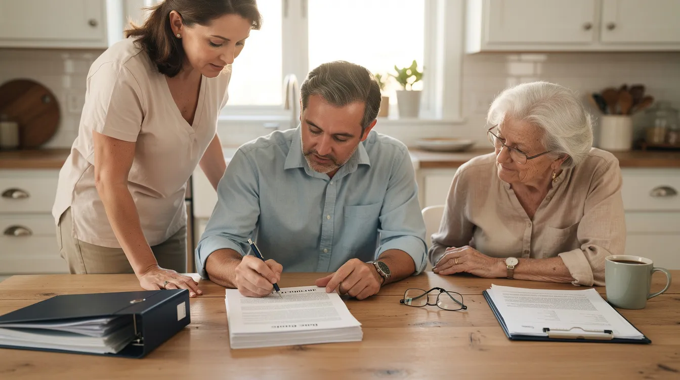A family is gathered around a kitchen table, reviewing important estate planning documents, including a last will and other legal papers, as they discuss their financial affairs and how to manage assets for their minor children. The atmosphere is focused and serious, highlighting the importance of having a comprehensive estate plan to avoid probate and ensure a smooth asset distribution.