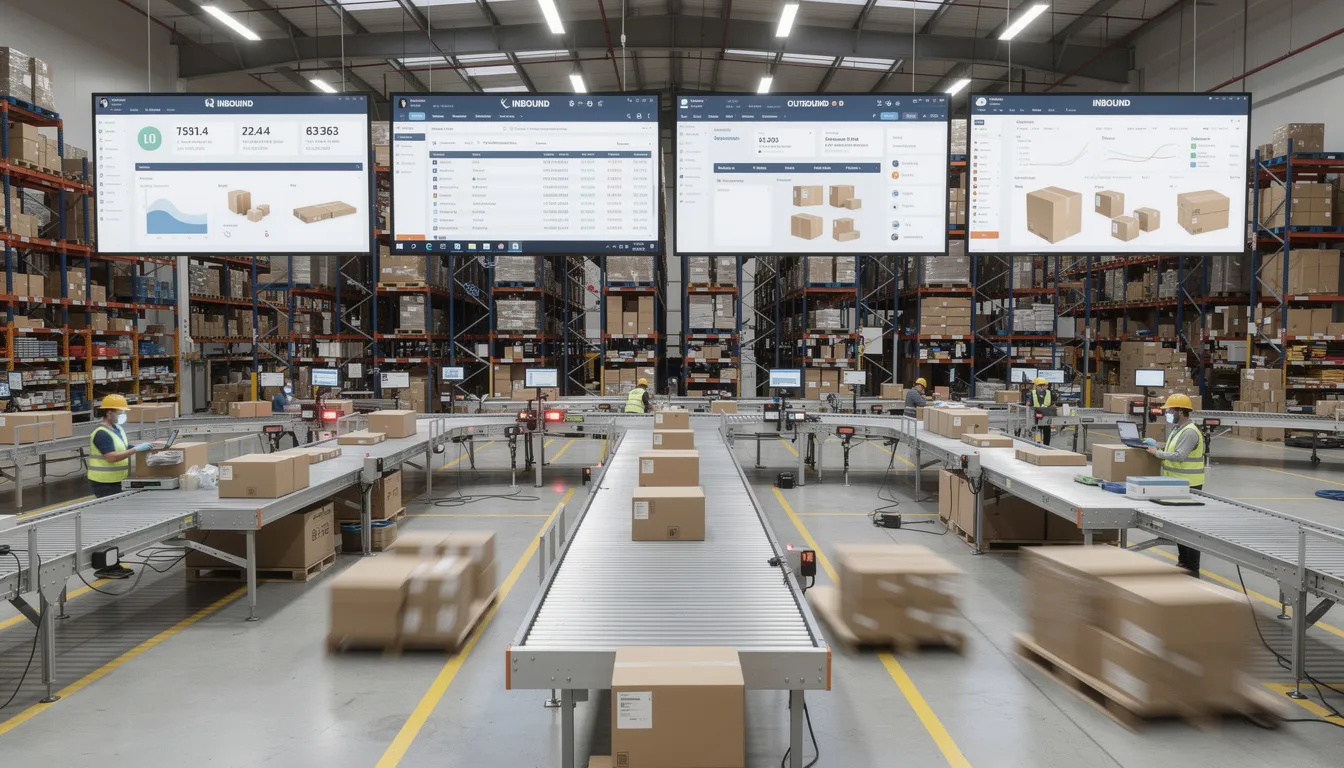 The image shows a busy logistics warehouse where workers are actively managing packages on conveyor belts, with digital displays in the background providing real-time data insights. This environment highlights the integration of business intelligence tools in streamlining business operations and enhancing data-driven decision-making.