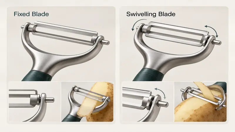 Close-up comparison of fixed and swivelling Y peeler blade structures.