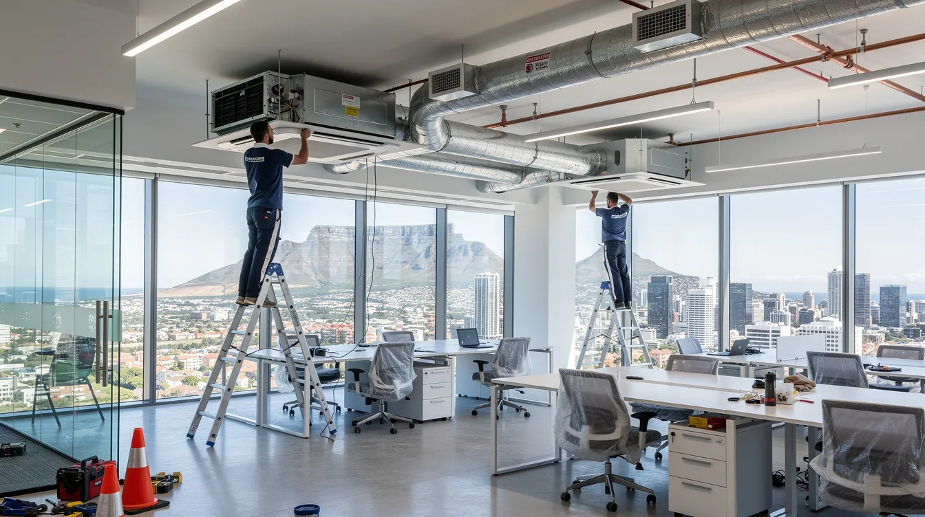 The image depicts a team of professional air conditioning installers working on the installation of air conditioning systems in a modern office space in Cape Town. The scene shows both indoor and outdoor units being mounted on the same outside wall, highlighting the efficient service and exceptional technical services provided by the qualified technicians.