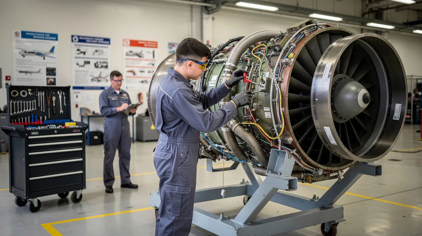 A student is focused on using various tools to conduct maintenance on an aircraft engine as part of their aviation maintenance training. This hands-on experience is essential for aspiring aviation maintenance technicians to develop the necessary skills and knowledge required for certification under FAA Part 147.