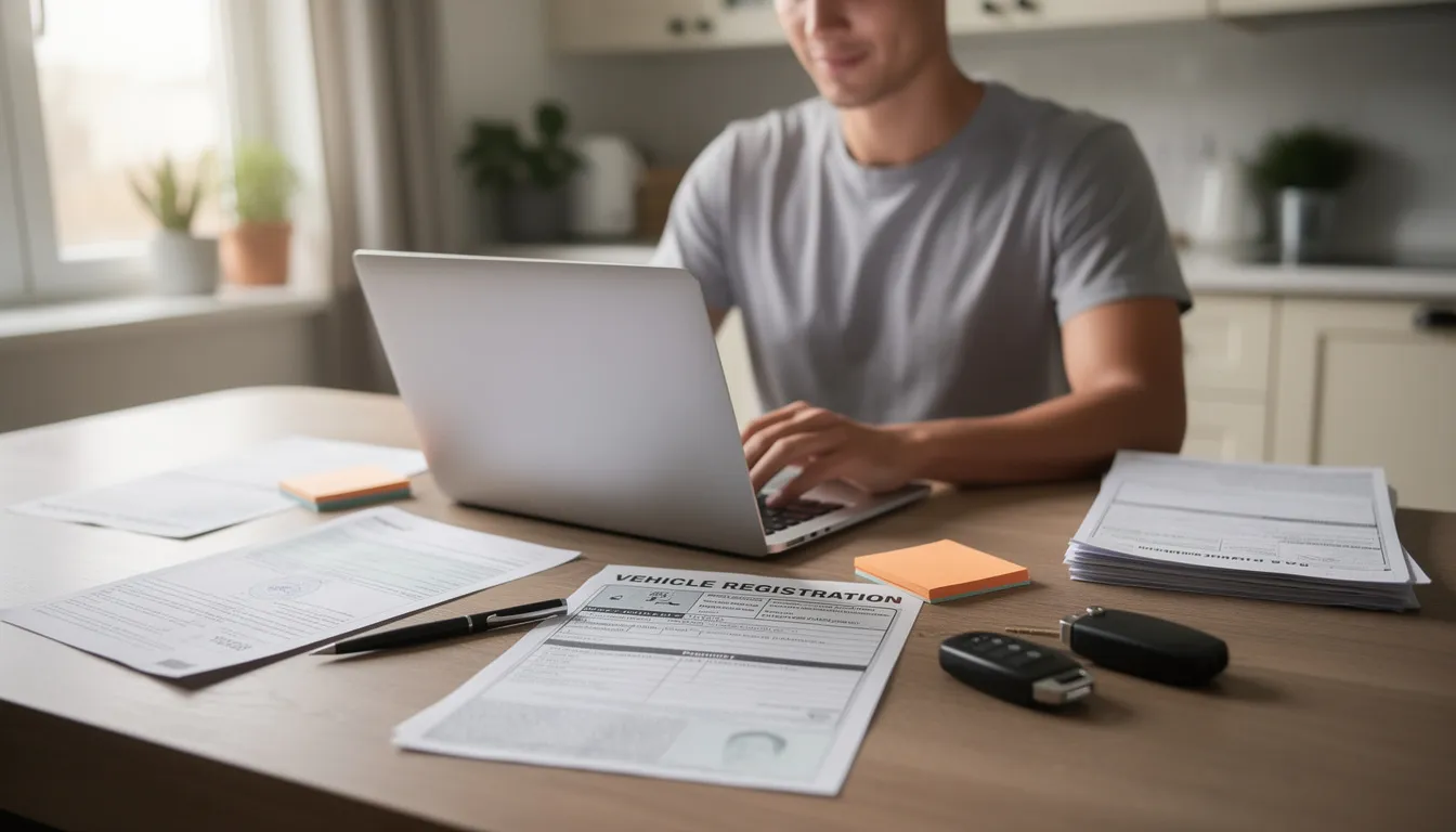 A person is seated at a kitchen table using a laptop, with various vehicle documents, including a PPSR check and vehicle history reports, spread out nearby. The scene suggests they are researching important details about a used car, such as its VIN number and previous ownership, to ensure informed purchasing decisions.