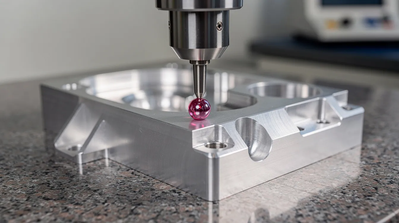 The image shows a close-up of a coordinate measuring machine probe delicately touching a precision machined aluminum part on an inspection table, highlighting the meticulous process of quality assurance in precision CNC machining services. This scene emphasizes the advanced CNC machining capabilities essential for ensuring tight tolerances in custom CNC machined parts.