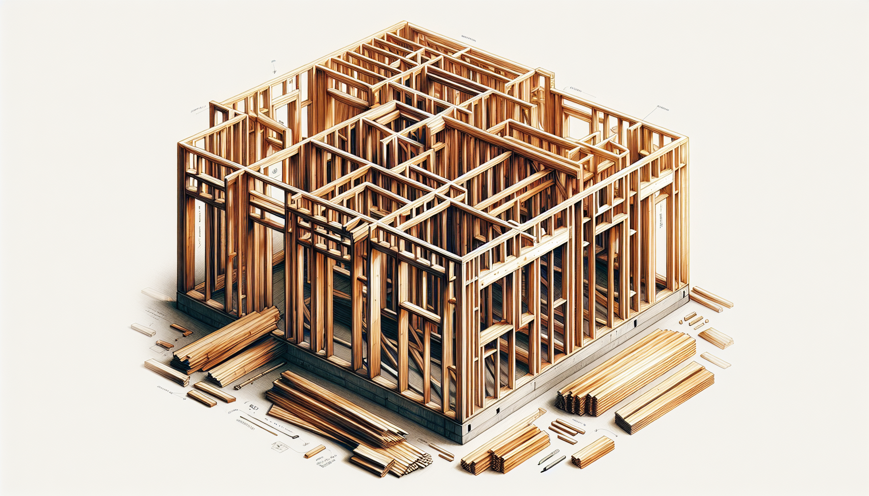 Ilustração de uma estrutura de madeira do sistema Wood Frame