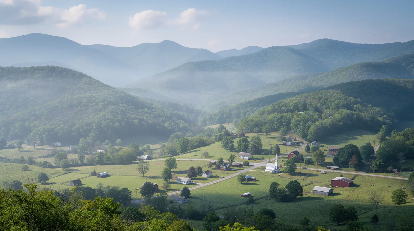 The image depicts the scenic foothills of the Great Smoky Mountains, with a small town nestled in the valley below under a clear blue sky. This picturesque landscape highlights the harmony between nature and human settlement, reflecting the business interests and operations that thrive in such serene environments.