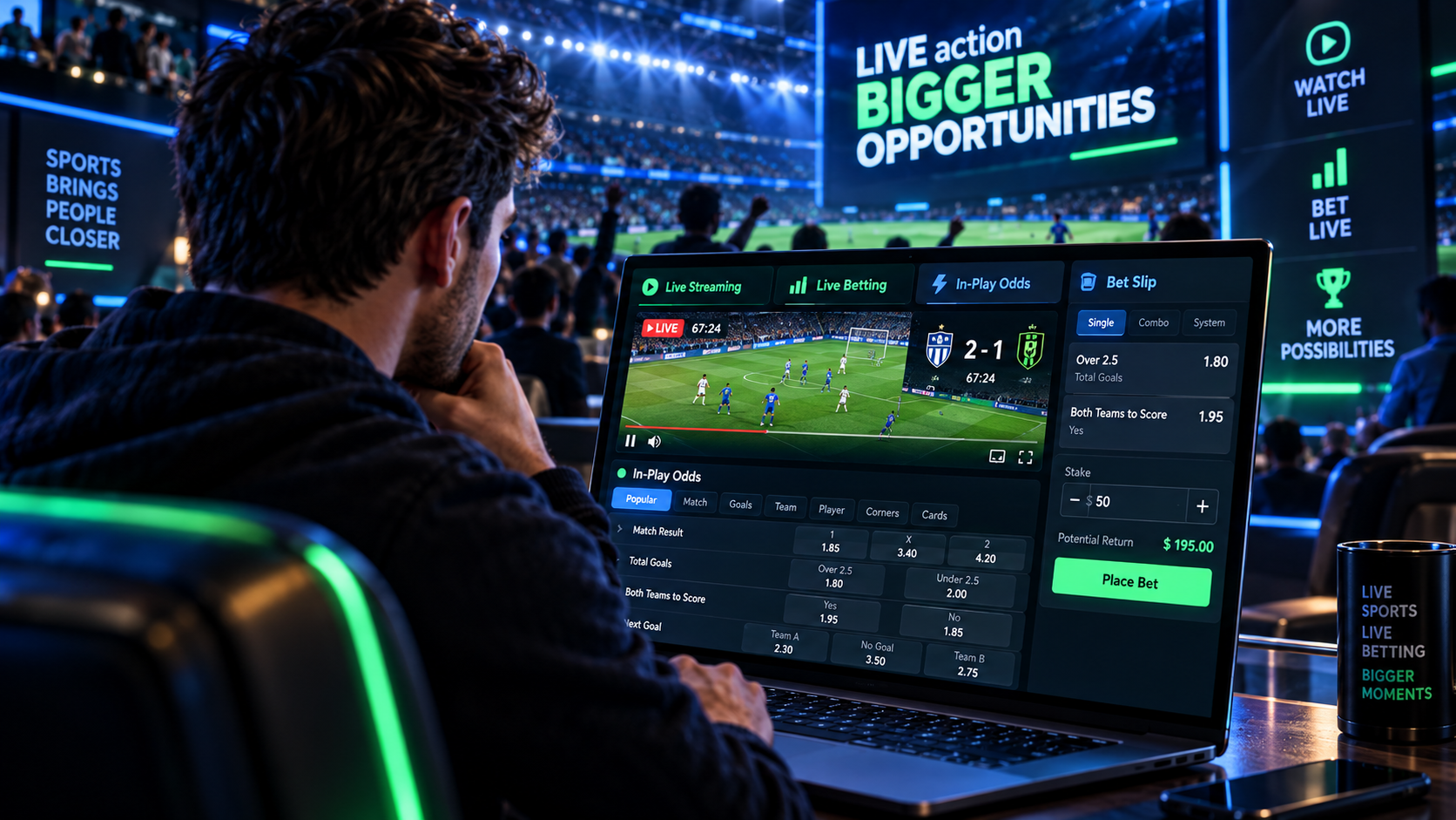 Person watching a live football stream and comparing in-play betting odds, football markets and Bet Builder options on a sportsbook.