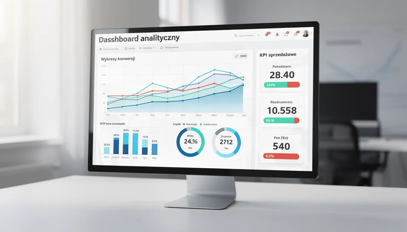 Na obrazie widoczny jest monitor komputera z dashboardem analitycznym, na którym znajdują się wykresy konwersji oraz wskaźniki KPI sprzedażowych, co może być przydatne w systemie CRM do zarządzania relacjami z klientami i analizowania efektywności procesów sprzedażowych. Interfejs prezentuje różne dane, które pomagają w śledzeniu działań sprzedażowych oraz potrzeb klientów.