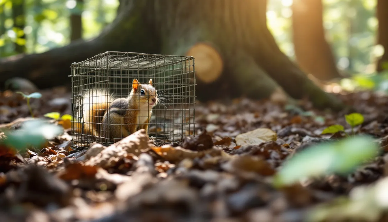 A humane wildlife trap set in a natural habitat to control squirrel infestations.