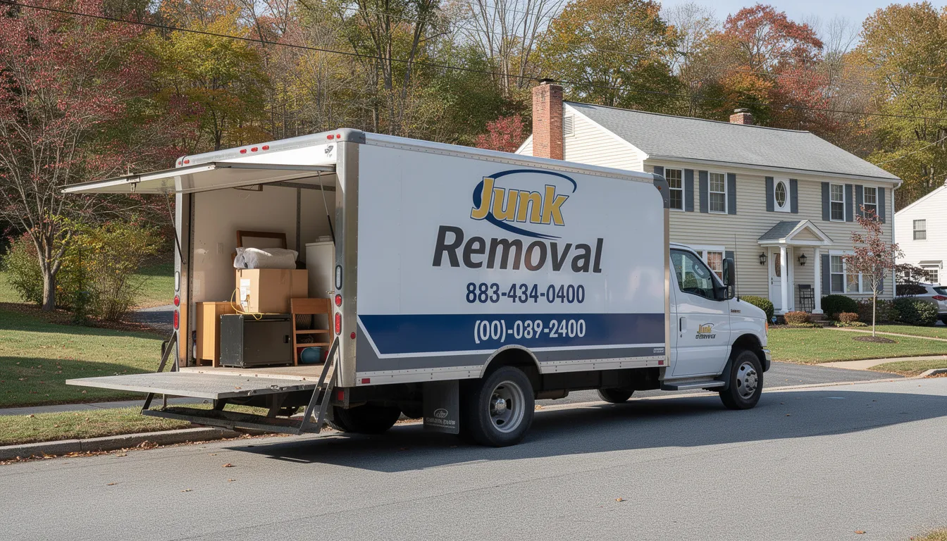 A professional junk removal truck is parked outside a Hartford home, ready to assist with the removal of unwanted items. The truck represents a reliable junk removal service that offers eco-friendly disposal practices, ensuring a stress-free experience for residential and commercial properties.