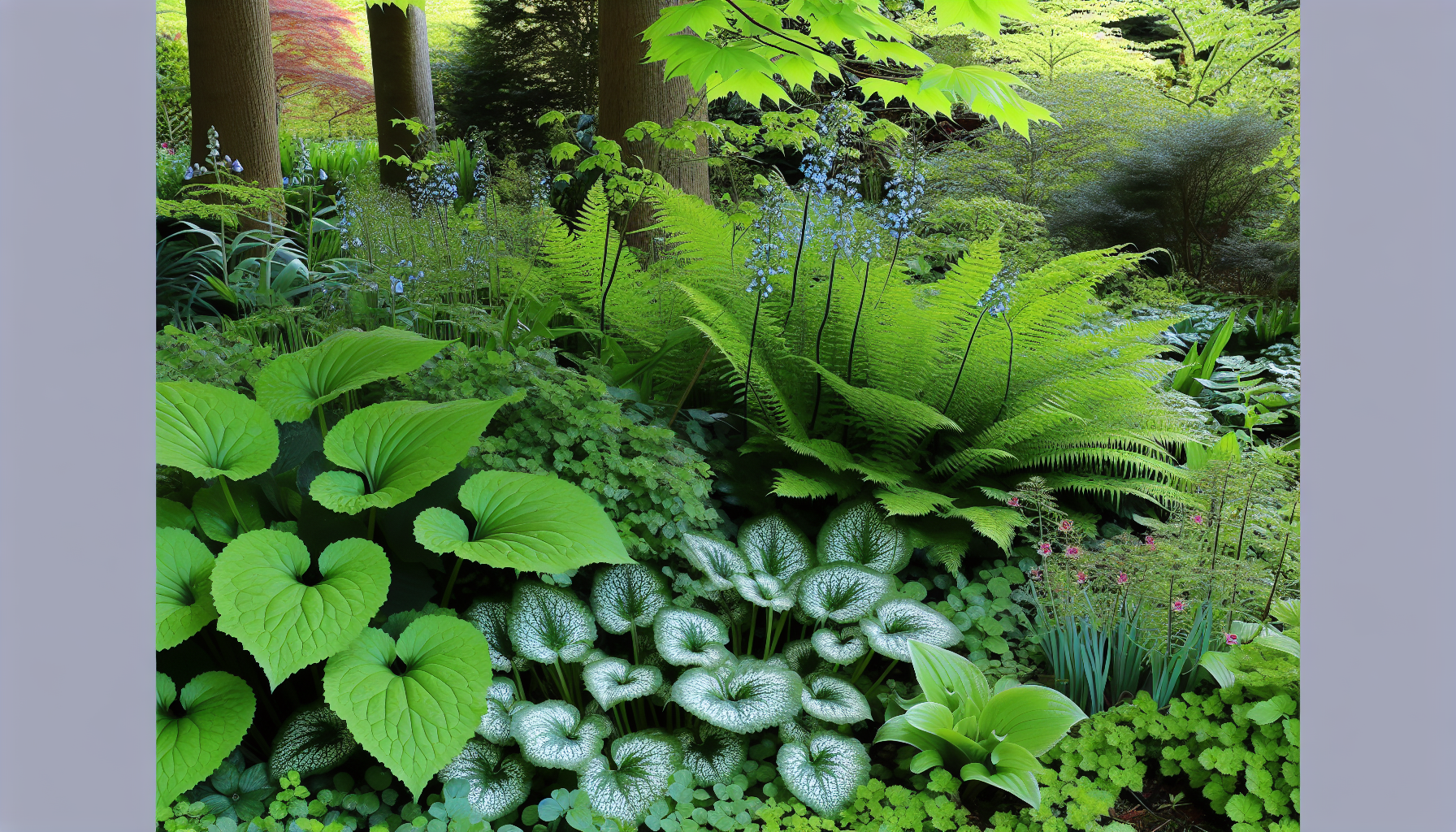 Shade garden with deer-resistant plants including Brunnera, Japanese Painted Fern, and Lungwort