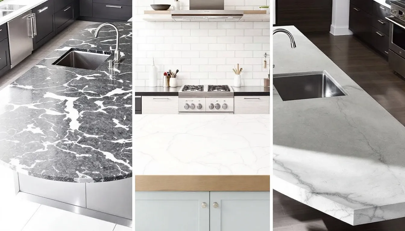 A modern kitchen displays a variety of countertop materials and styles, including sleek granite countertops, elegant marble countertops, and warm butcher block countertops, showcasing the versatility and beauty of popular kitchen countertop materials. The design highlights the different textures and finishes, emphasizing options like quartz and laminate for both aesthetic appeal and functionality.