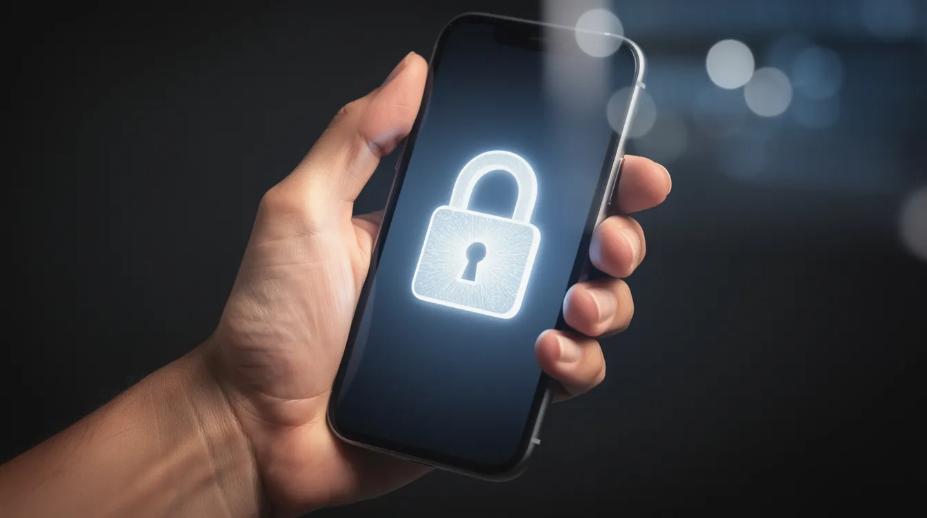 A person's hand is holding a smartphone displaying a lock icon on the screen, symbolizing account security and the importance of protecting sensitive financial information. This image highlights the need for multi-factor authentication to safeguard personal details and financial accounts from potential AI scams and data breaches.
