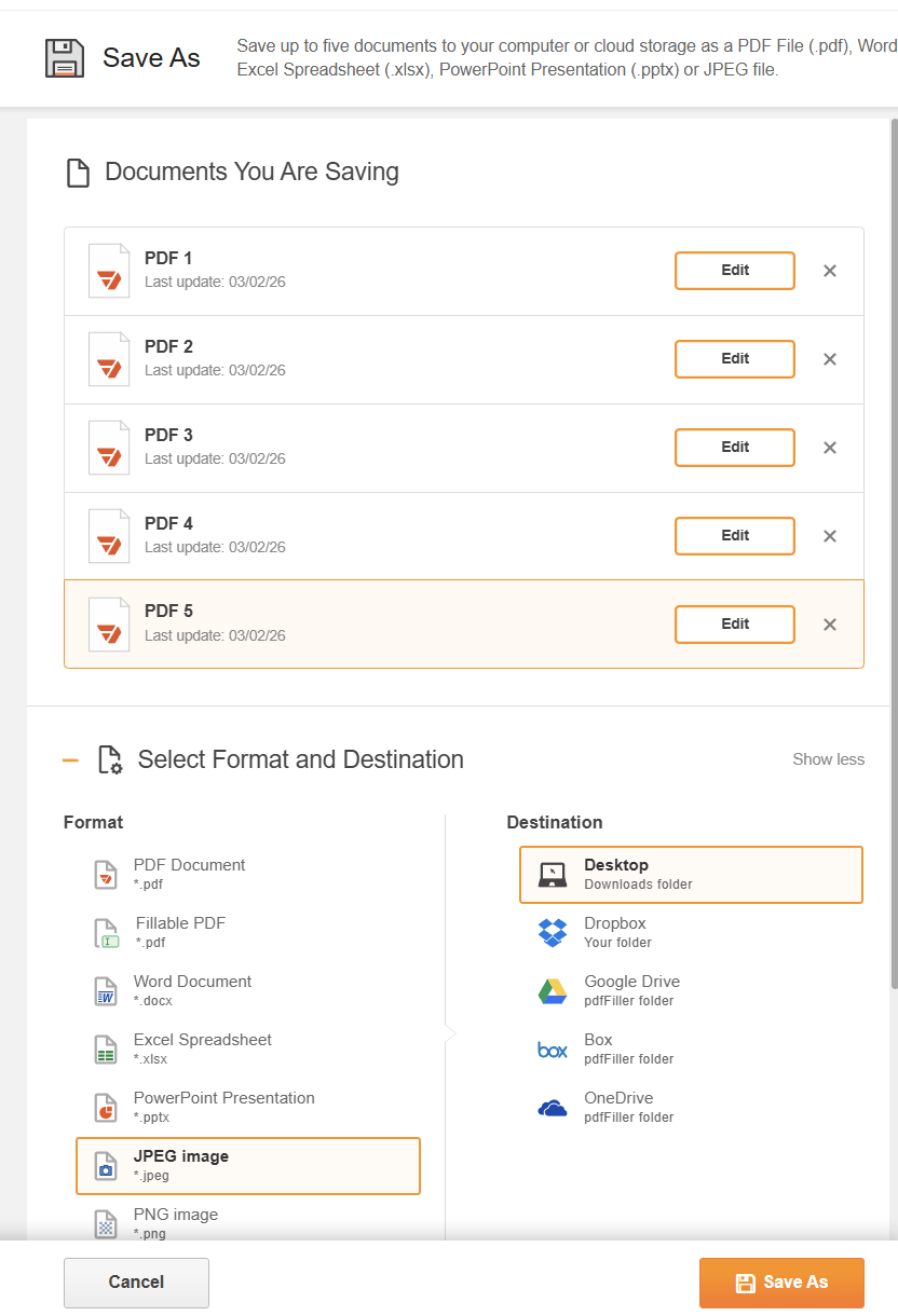 pdfFiller Save As screen showing multiple selected PDFs for batch export as JPEG images with Desktop selected as destination.