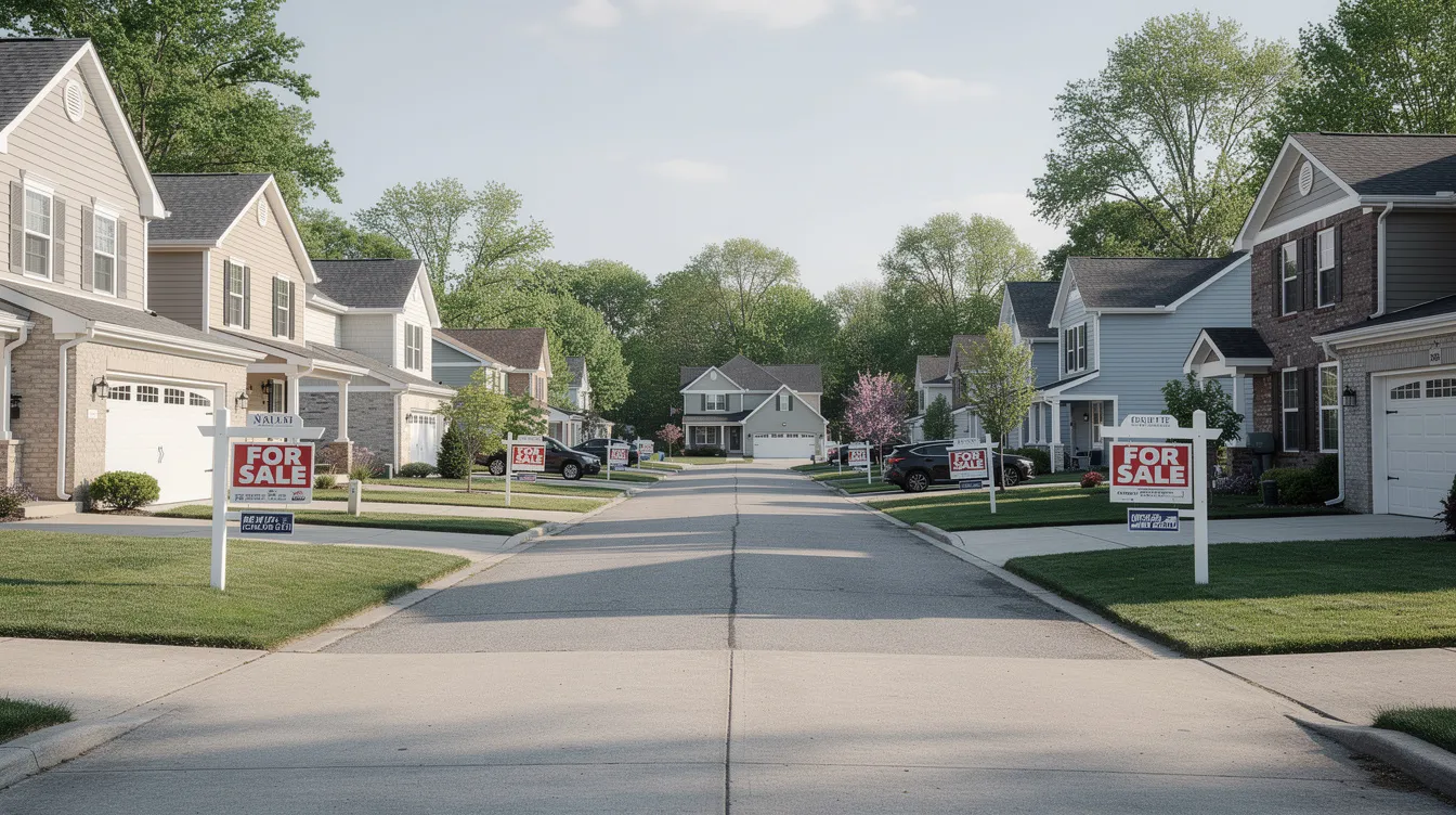 The image depicts a row of suburban houses along a residential street, each featuring for-sale signs in their front yards, indicating opportunities for real estate investors. This scene reflects the process of real estate deals, where motivated sellers seek buyers, potentially involving earnest money deposits and purchase agreements.