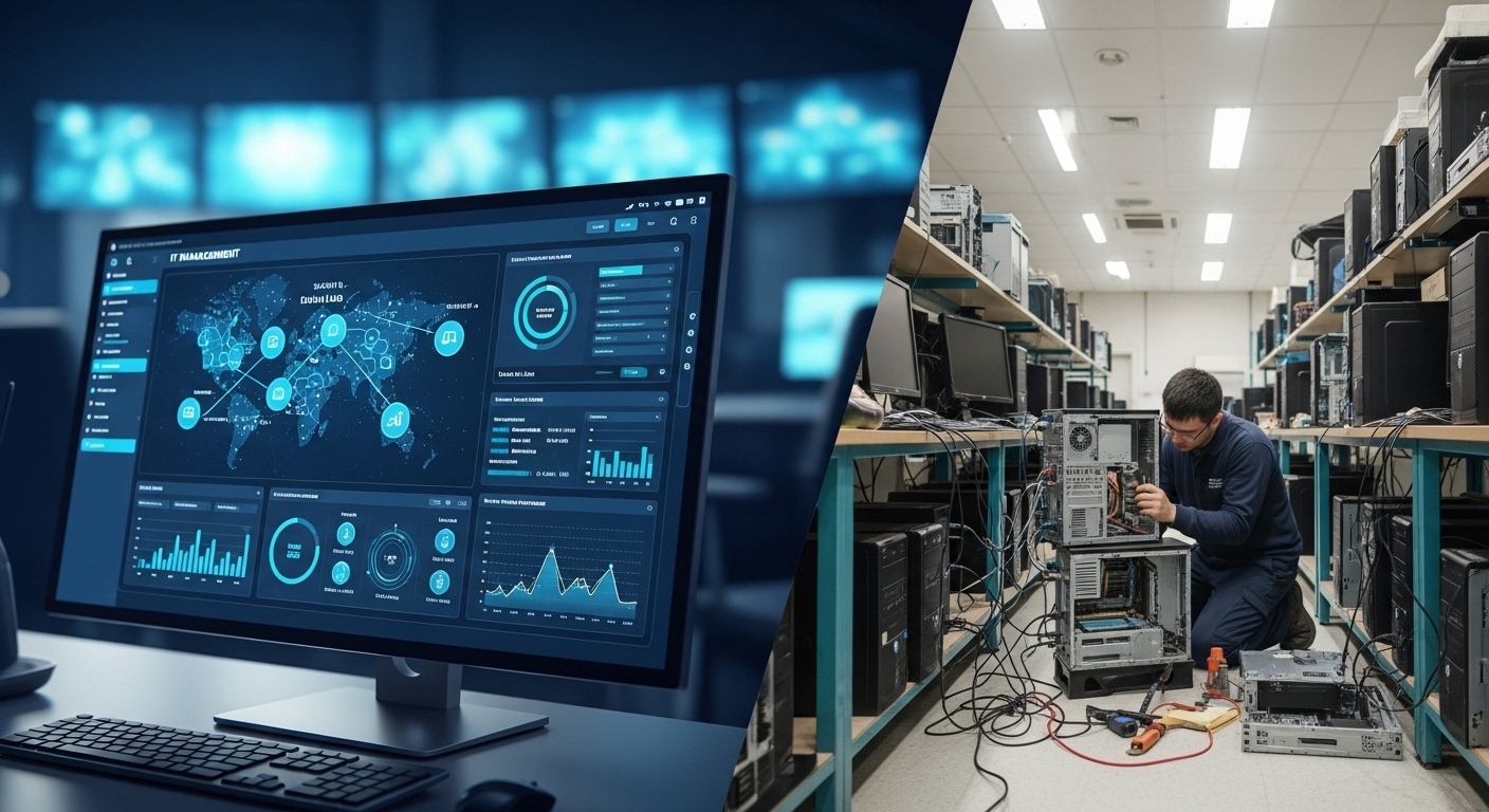 Centralized IT management dashboard controlling virtual labs versus manual maintenance of physical lab computers.