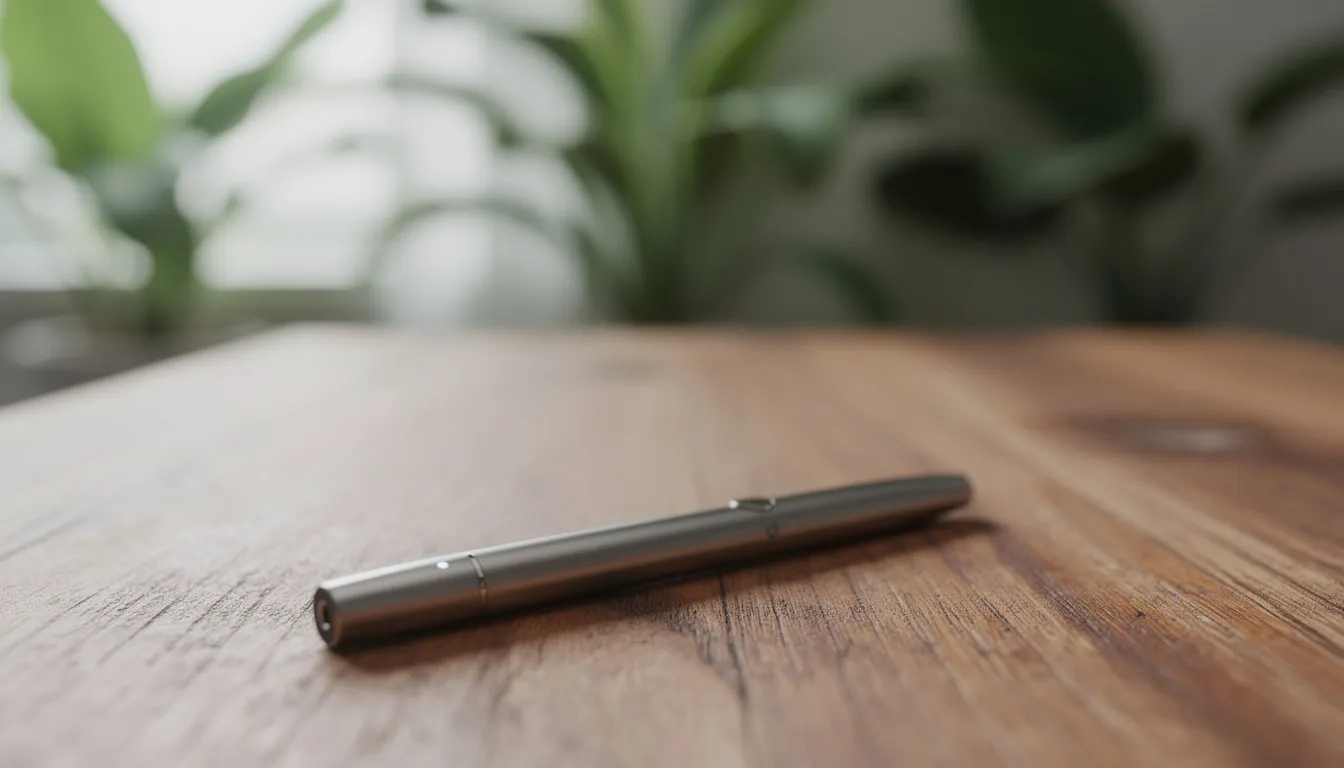 Ein eleganter Vape Pen liegt auf einem Holztisch, während im Hintergrund unscharf eine grüne Pflanzenlandschaft zu sehen ist, die an eine Cannabis-Kultur erinnert. Diese stilvolle Darstellung vermittelt ein Gefühl von Entspannung und Genuss im Zusammenhang mit dem Cannabiskonsum.