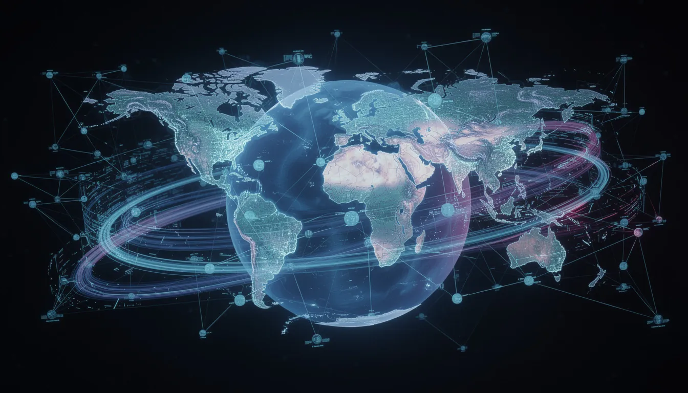 digital nodes - smart contracts - blockchain infrastructure - real world assets - supply chains - blockchain games – Artificial Intelligence, bitcoin, blockchain, blockchain technology, crypto assets, decentralized, digital assets The image depicts a global network of interconnected digital nodes, with vibrant light streams symbolizing the flow of data, illustrating the transformative potential of blockchain technology in enhancing data security and enabling decentralized finance. This visual representation highlights the interconnectedness of digital assets, smart contracts, and global financial systems, emphasizing the future of blockchain adoption and its role in driving innovative business models.