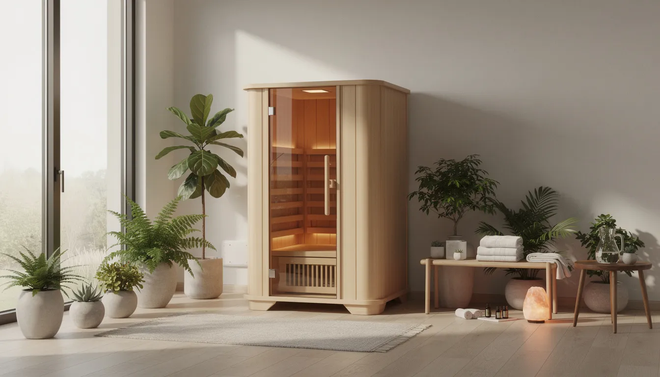 The image depicts a serene home wellness room featuring a wooden sauna cabin bathed in natural light, surrounded by lush green plants. This inviting space highlights the benefits of infrared sauna therapy, promoting relaxation and enhanced blood circulation through the use of infrared heat.