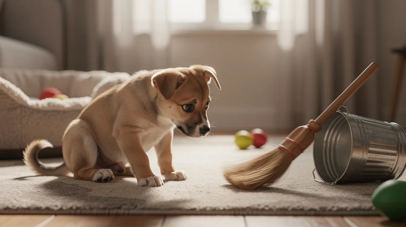 The image depicts a young puppy displaying signs of fear, with its ears pinned back and body low to the ground, suggesting a normal stage in its development known as the puppy fear period. The environment includes a plastic bag blowing in the wind, illustrating a common trigger that might evoke fearful reactions in puppies during this critical time.