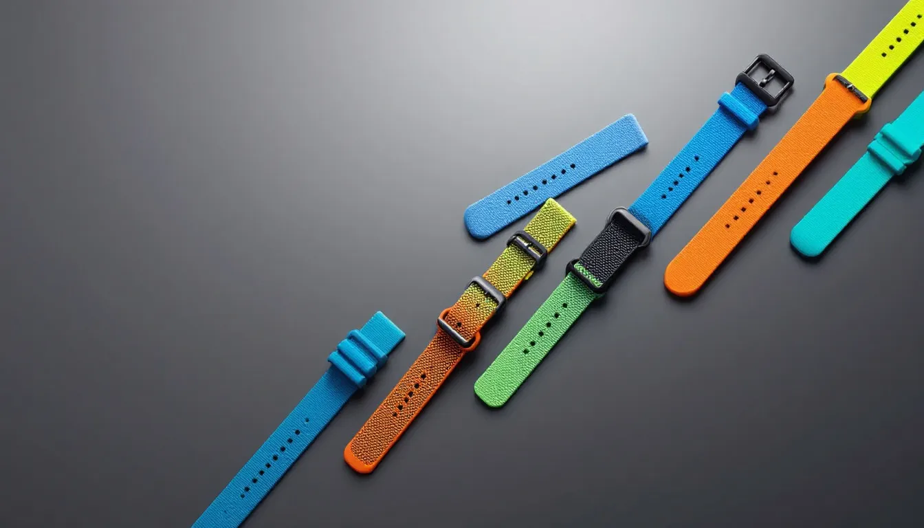 A collection of various MoonSwatch straps displayed elegantly.