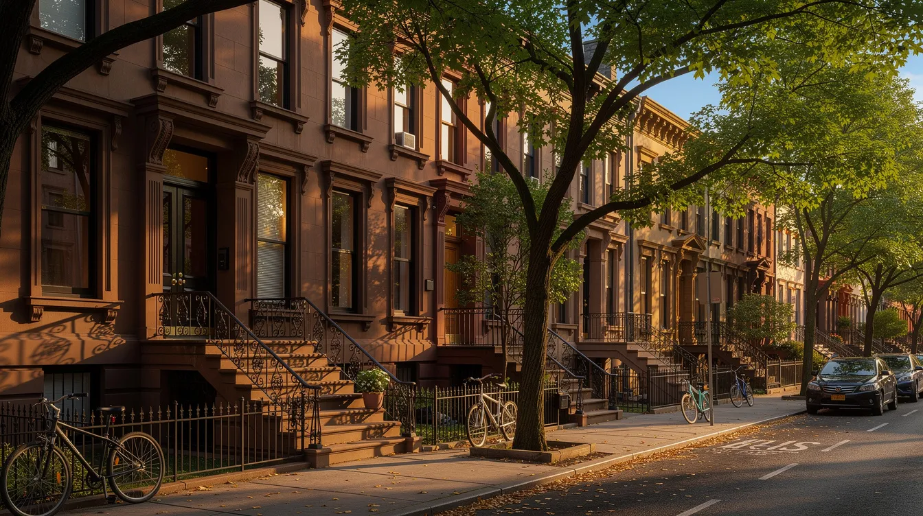 The image depicts a row of beautifully preserved brownstone facades along a tree-lined street in Bedford Stuyvesant, Brooklyn, showcasing the classic architectural style of the neighborhood. This picturesque scene highlights the charm of the area, making it an appealing prospect for buyers and sellers in the New York real estate market.