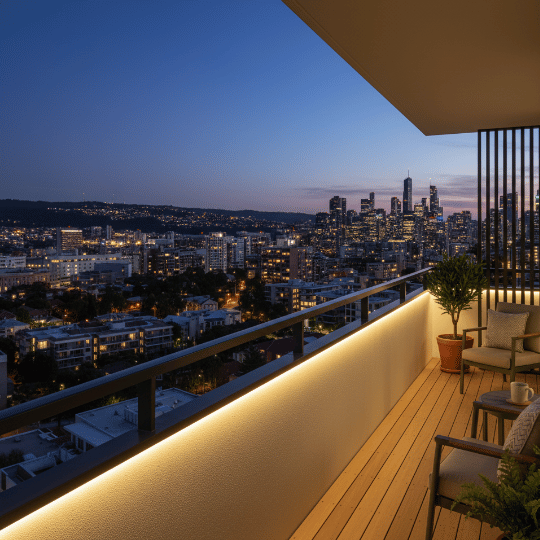 Modern balcony lighting ideas with continuous LED strip light fixtures providing soft perimeter illumination.