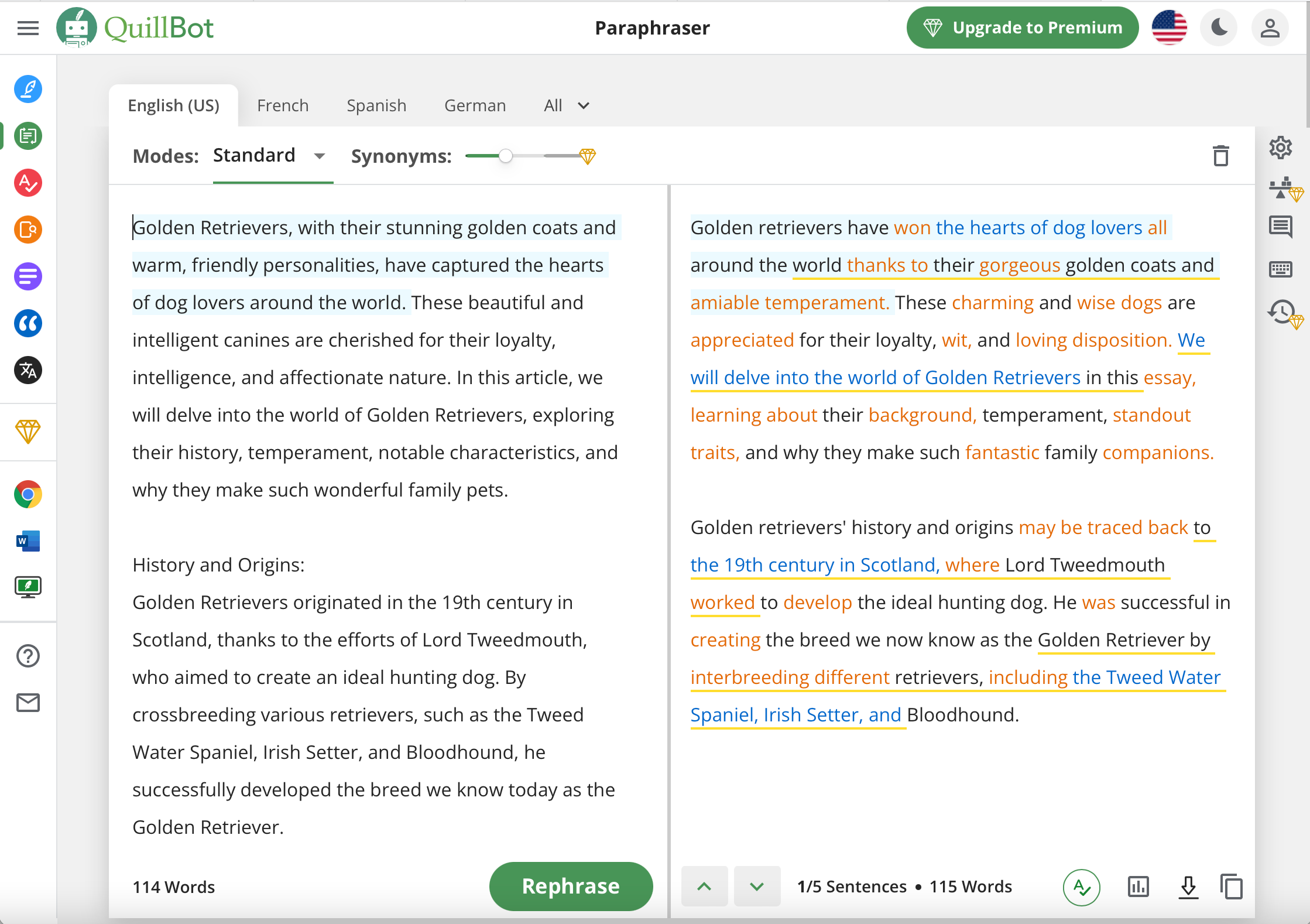 Quillbot paraphrasing - Standard mode