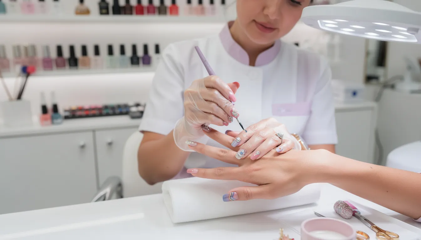 Health & Safety Law for Nail Technicians in the UK: What You Must Know 1 The image shows a professional nail technician skillfully applying gel polish to a client's fingernails, highlighting beautiful nail art designs in a modern nail salon setting. This scene captures the essence of the nail industry, showcasing various nail treatments and services available to clients.