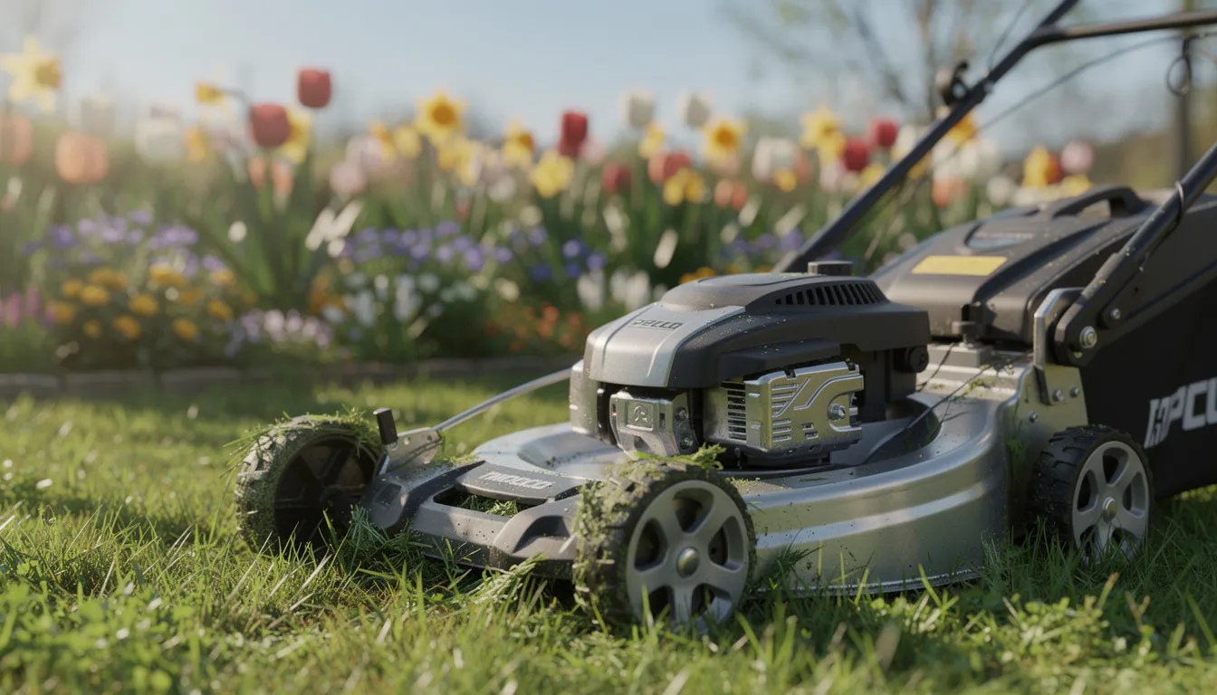 A bright green lawn features a lawn mower positioned on the grass, surrounded by vibrant spring flowers in the background. This scene highlights the importance of regular lawn care for maintaining a healthy lawn and creating an ornamental lawn space.