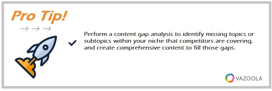 Perform a content gap analysis to identify missing topics or subtopics within your niche that competitors are covering, and create comprehensive content to fill those gaps.