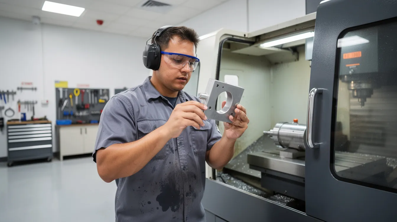 A CNC machinist inspects a high-precision metal part next to a large CNC milling machine in a clean, well-lit manufacturing shop, showcasing the focus on quality and safety in the machining process. The scene highlights the importance of skilled labor and the use of advanced machine tools in the manufacturing industry.