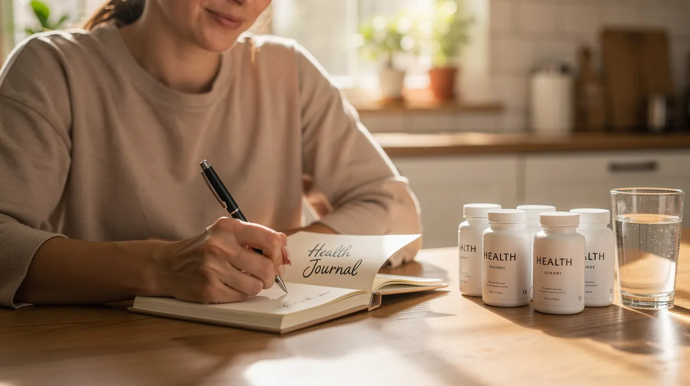 A person is sitting at a kitchen table, writing in a health journal while nmn supplements are placed nearby. The scene reflects a focus on health and wellness, emphasizing the importance of dietary supplements like nicotinamide mononucleotide (nmn) for potential benefits such as healthy aging and metabolic health.
