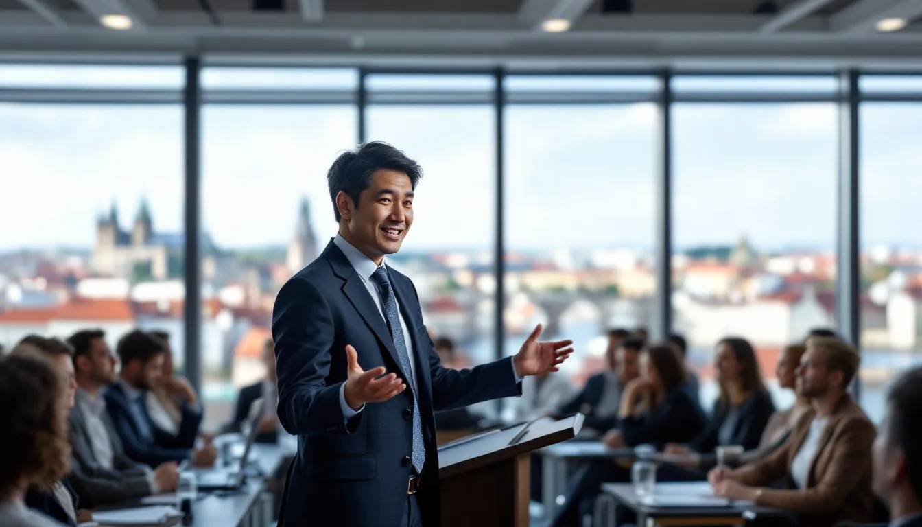 In the image, an Asian male schema therapist is passionately giving a presentation to a group of engaged schema therapists, their faces reflecting curiosity and enthusiasm. The backdrop features a stunning view of Prague, enhancing the atmosphere of collaboration and learning, relevant to discussions on schema therapy and mental health disorders.