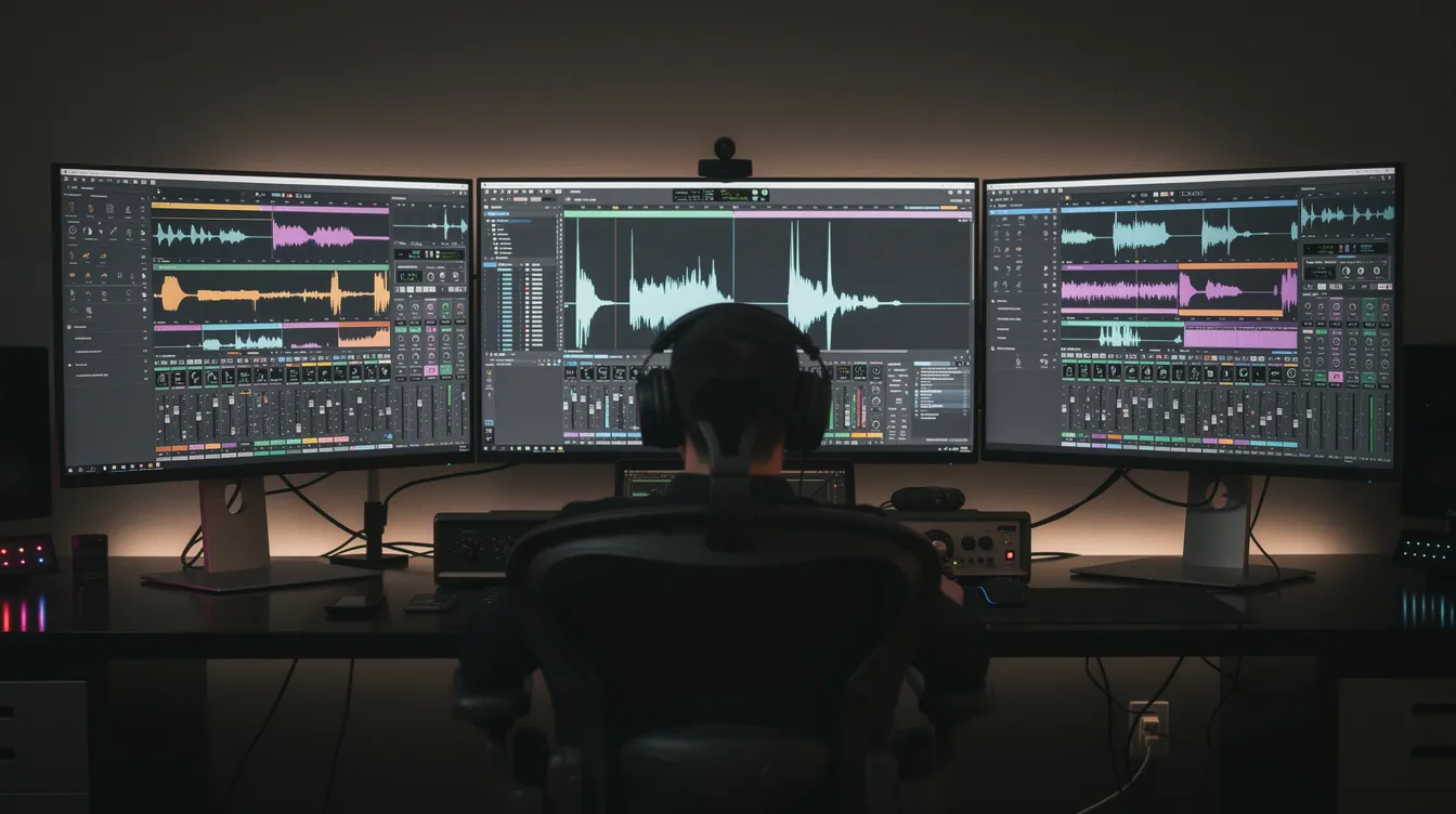 An editor is focused on a multi-monitor workstation, where various audio waveforms are displayed on the screens, indicating the podcast editing process. The setup showcases advanced editing software tools used for enhancing audio quality and managing podcast episodes.
