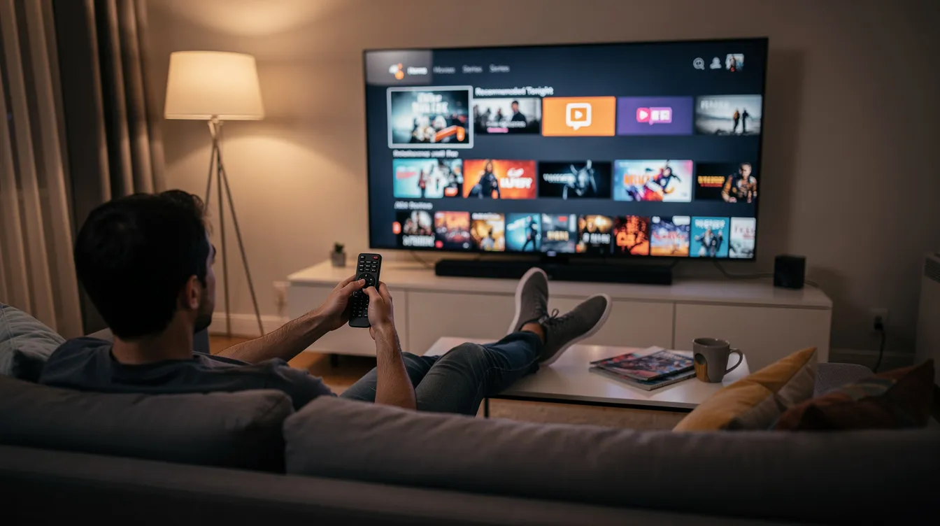 A person is comfortably lounging on a couch, using a remote control to navigate through various streaming options on a wall-mounted smart TV. The scene captures the essence of modern entertainment with internet protocol television (IPTV) services, allowing users to watch live TV channels, movies, and sports events.