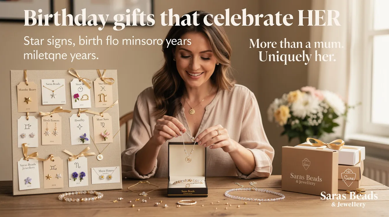 The image showcases a collection of personalised mum gifts designed to celebrate her individuality on her birthday, featuring items like bespoke jewellery and thoughtful presents that reflect her unique interests and milestones. This selection aims to bring joy and appreciation, making it the perfect way to honor her special day.