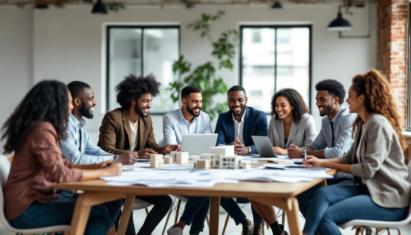 A diverse group of young architects is gathered around a table, actively discussing plans and strategies for their projects, showcasing effective business practices and a commitment to collaboration. The atmosphere reflects a focus on innovation and teamwork, essential for achieving success in the architecture industry.